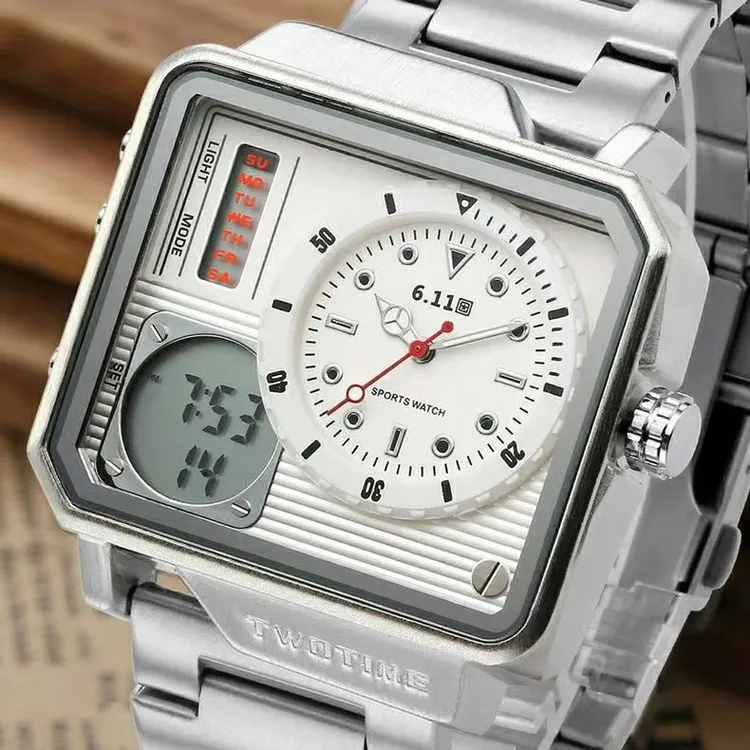 男士手表多功能石英双显示日历闹钟钢带气质简约时尚潮流夜光闹钟