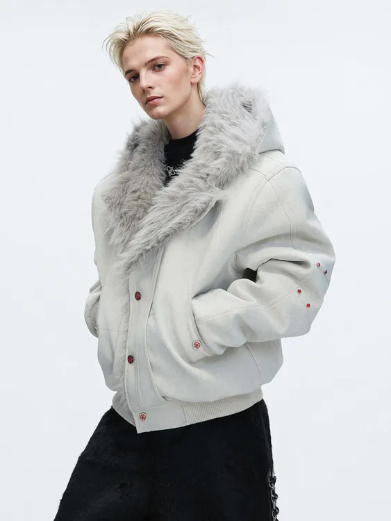 AR CulturE浅境雪貂高级感狼毛座山雕皮衣外套男冬季加绒加厚棉服