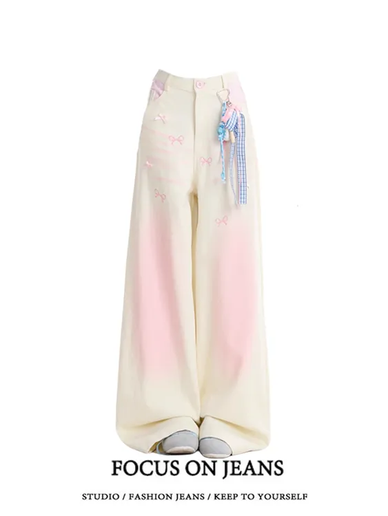 甜美蝴蝶结腮红直筒牛仔裤女2025夏季新款垂感宽松直筒拖地长裤子