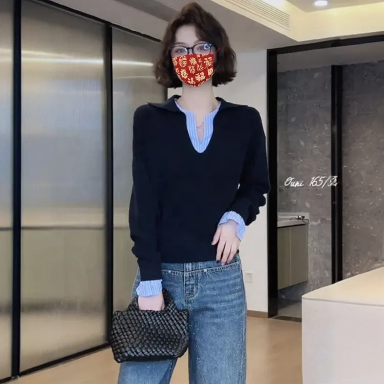 设计感假两件条纹撞色拼接针织衫女2025春秋新款时尚百搭减龄上衣