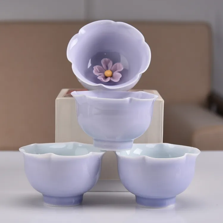 陶瓷花朵茶杯白瓷可爱品茗杯泡茶杯紫色异形茶点盘禅意茶具家用