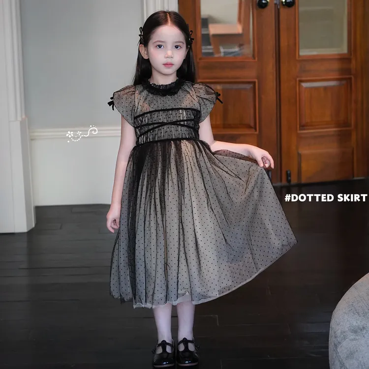 AnnieGirl复古蕾丝甜美黑色波点连衣裙女童收腰网纱裙公主裙2026