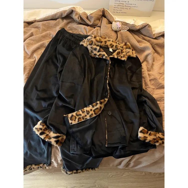 2025韩系冬天高级豹纹印花加厚保暖法兰绒睡衣女秋冬季家居服套装