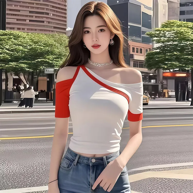 纯欲风辣妹性感斜领拼色短袖T恤女夏季新款不规则露肩短款小上衣