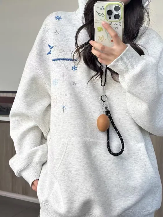 雪花刺绣连帽卫衣女秋季2025新款高级感宽松休闲灰色长袖上衣外套