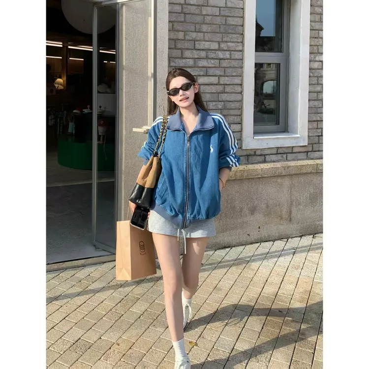 温网老钱复古港风蓝色立领三条杠牛仔棒球外套上衣女Y3682