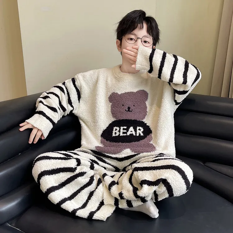 儿童装男童睡衣冬季家居服加绒秋冬款大童加厚男孩珊瑚绒法兰绒潮