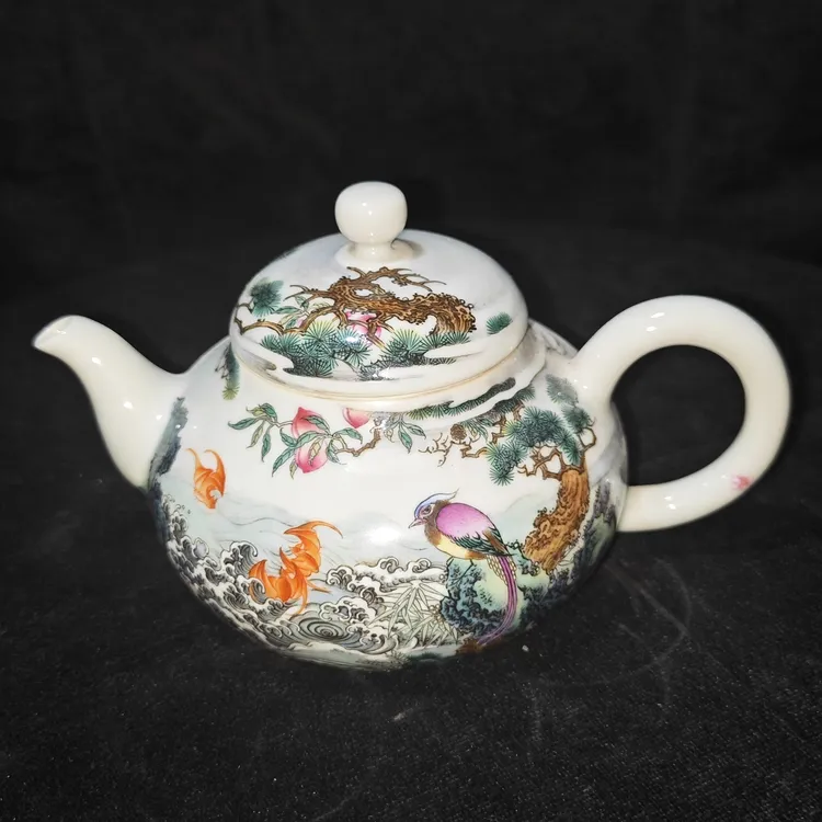 景德镇现代高档精品陶瓷手工手绘粉彩花鸟图茶壶