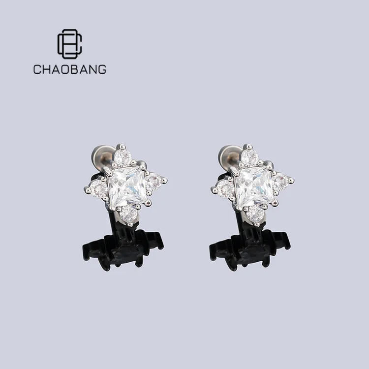 chaobang/潮邦 钛钢耳饰 爆闪方糖四叶草耳钉氛围感ins耳骨钉平底