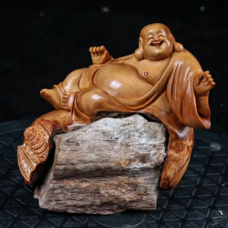 （2）太行崖柏木料手工雕刻抱石弥勒佛寿星根雕家居摆件装饰精品
