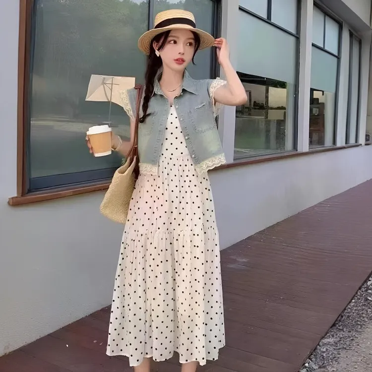 时尚小香风蕾丝花边拼接牛仔马甲背心波点吊带裙两件套连衣裙女夏