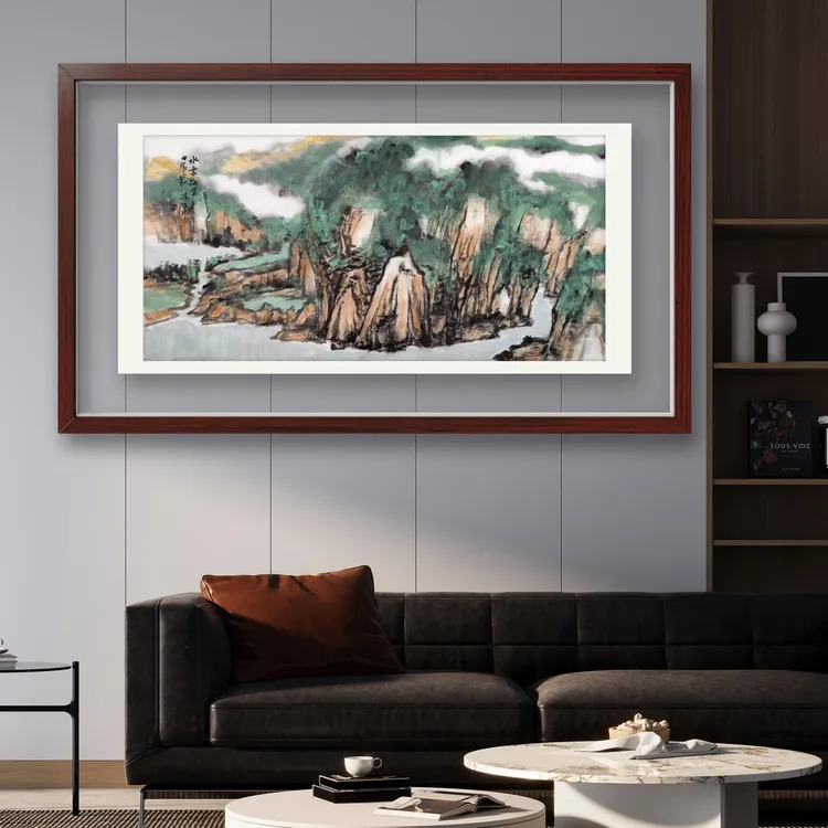 水云拖蓝中美协梁庸山水画客厅办公室装饰挂画（不带框）