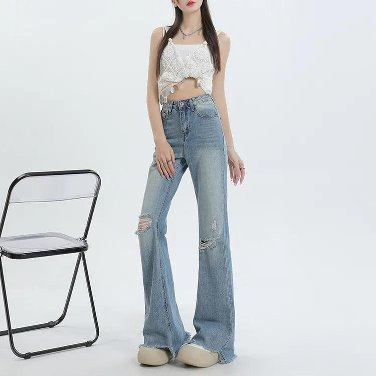 网红乞丐破洞微喇叭牛仔裤女2024春夏高腰显瘦直筒垂感毛边拖地裤
