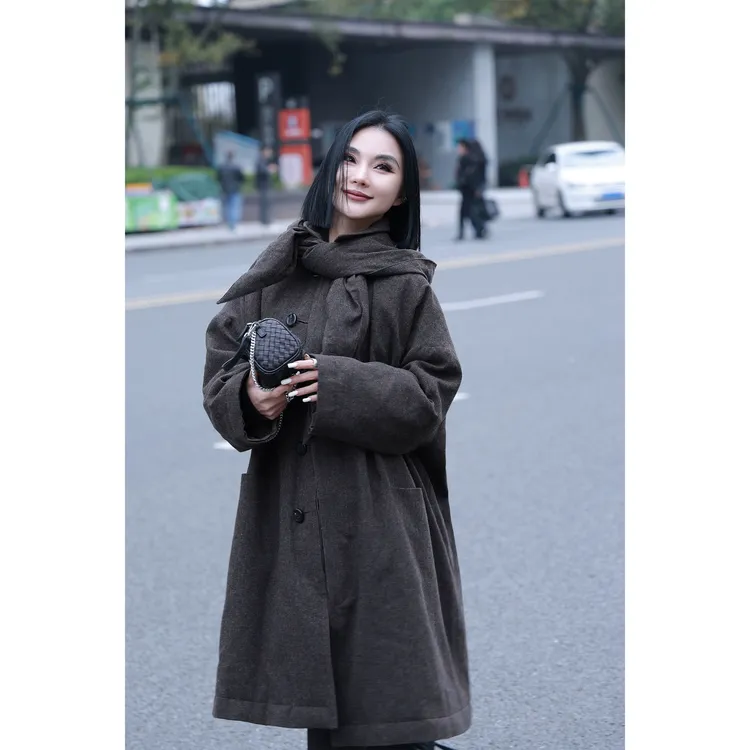 【妙妙精选】HUANGNAJI混茶棕-可拆帽时尚气质绵羊毛鹅绒服5211