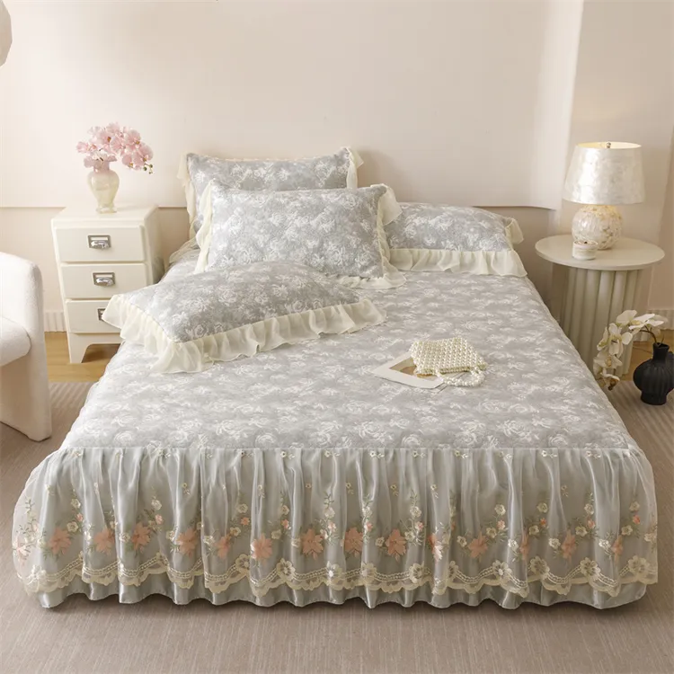 法式玫瑰提花凉感加厚冰丝凉席三件套床裙款母婴可水洗单件软凉席