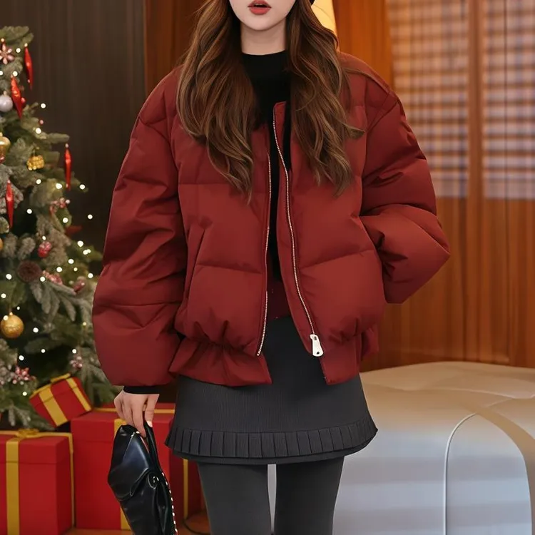 韩系圣诞小香风酒红色百搭棉服女保暖新年独特漂亮冬装短款厚外套