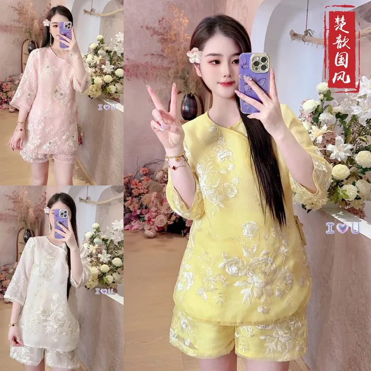 【花嫚】2025新款夏季新中式上衣+短裤定位绣花薄款国风两件套装女
