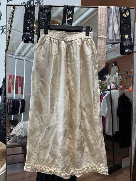 猫猫的店 八分暗印花木耳边阔腿裤