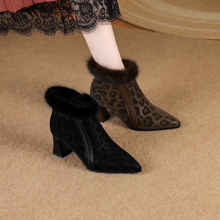 SLM/冬季短靴/牛皮/34-42/1058豹纹软底软面粗跟真皮靴时尚百搭