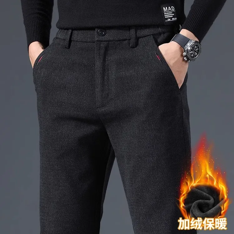 Leekody香港秋冬季加绒休闲裤男款修身直筒磨毛加厚保暖外穿长裤