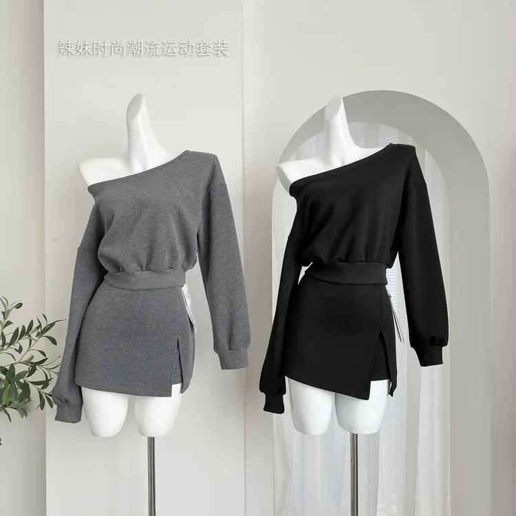 休闲风法式辣妹风时尚套装小众外搭运动显瘦修身套装短款长袖