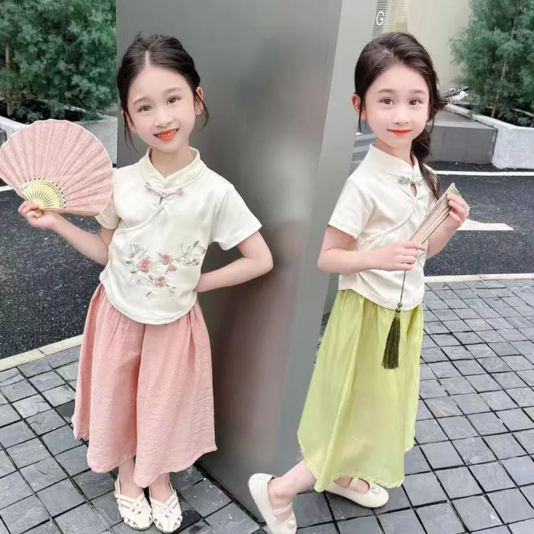 【思晨家】女童夏季套装中大女童新中式绣花短袖裙裤两件套薄款夏装