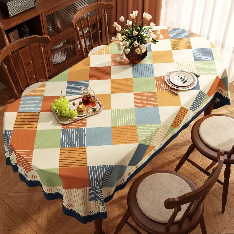 美式椭圆形桌布防水防油免洗2025年新款轻奢高级感复古格子餐桌布