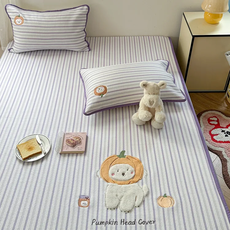 卡通刺绣床笠款冰豆豆凉席三件套儿童凉感床单夏季冰丝席空调软席