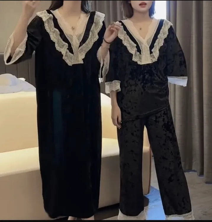 【法式V领】蕾丝金砖绒秋冬长袖睡衣套头轻奢两件套家居服宽松大码