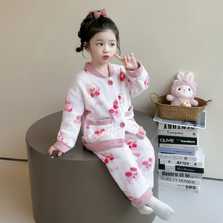 女童睡衣法兰绒秋冬款加厚女孩宝宝珊瑚绒开衫套装儿童卡通家居服