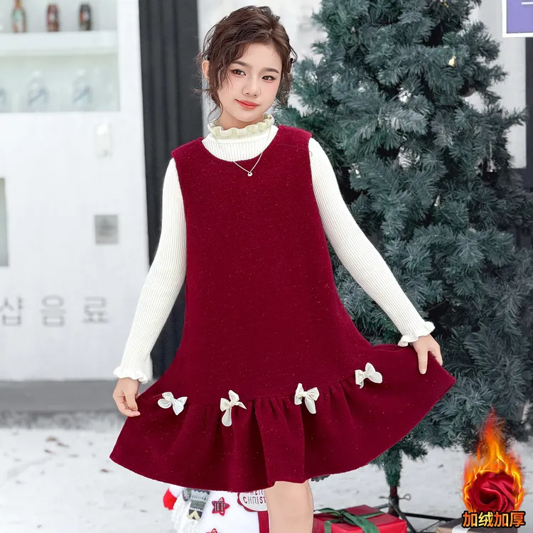 女童连衣裙加绒秋冬2025新款洋气中大童礼服儿童背心裙套装小学生
