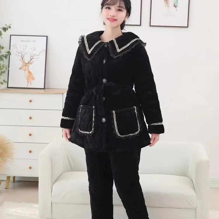 【黑色金边】保暖睡衣气质家居服套装小香风套装女装加厚厚款冬季