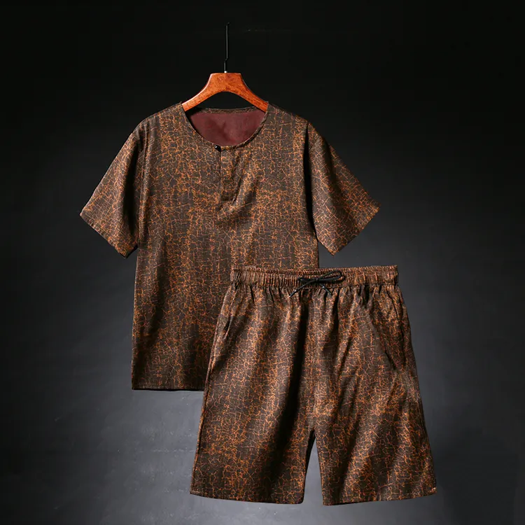 香云纱男装休闲短袖五分裤套装夏季宽松上衣中年桑蚕丝短裤两件套