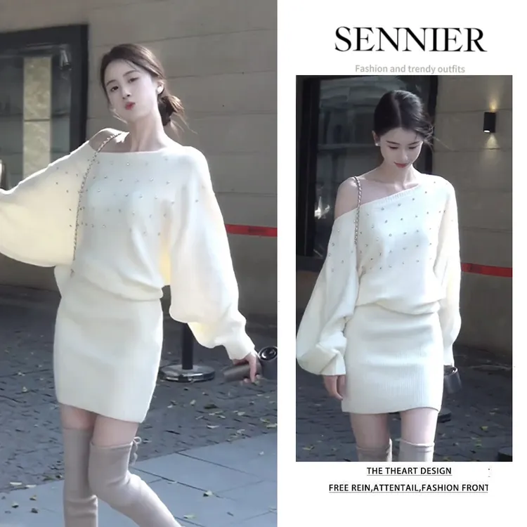 白色一字肩长袖连衣裙女秋冬装法式高级感烫钻针织包臀显瘦短裙子