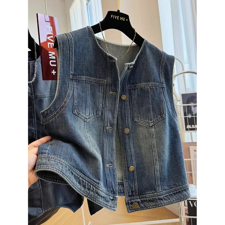 2025夏季新款港风复古chic水洗牛仔马甲女网红设计感显瘦无袖上衣