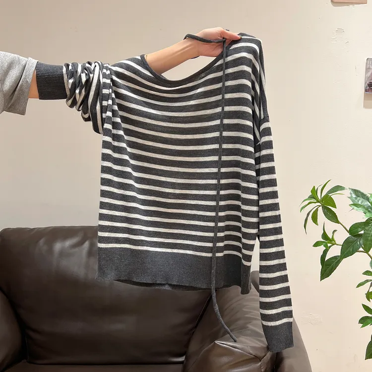 韩系条纹撞色系带大领口长袖T恤女士2025年秋季新款宽松显瘦上衣