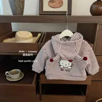 【甜品起司】可爱暴击！韩系女宝卡通kt猫条纹外套加绒加厚保暖外套