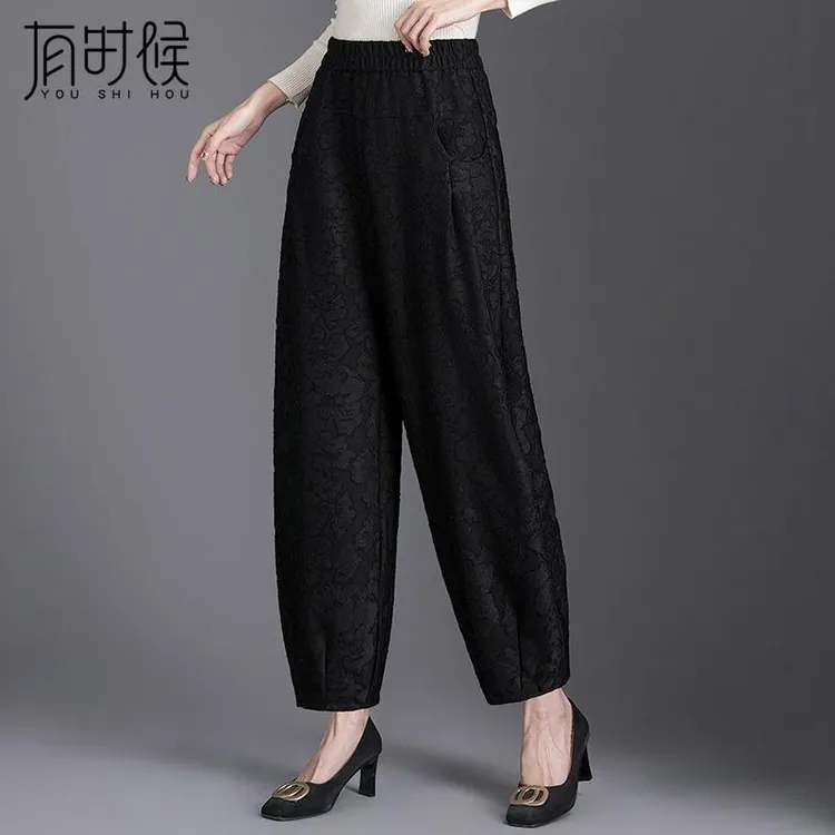 提花灯笼裤女2025年春秋新款宽松阔腿休闲萝卜裤小个子妈妈九分裤