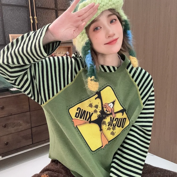 Apr.【复古达菲】冬季新款双面加绒弧形摆撞色数码印长袖T恤25ST626