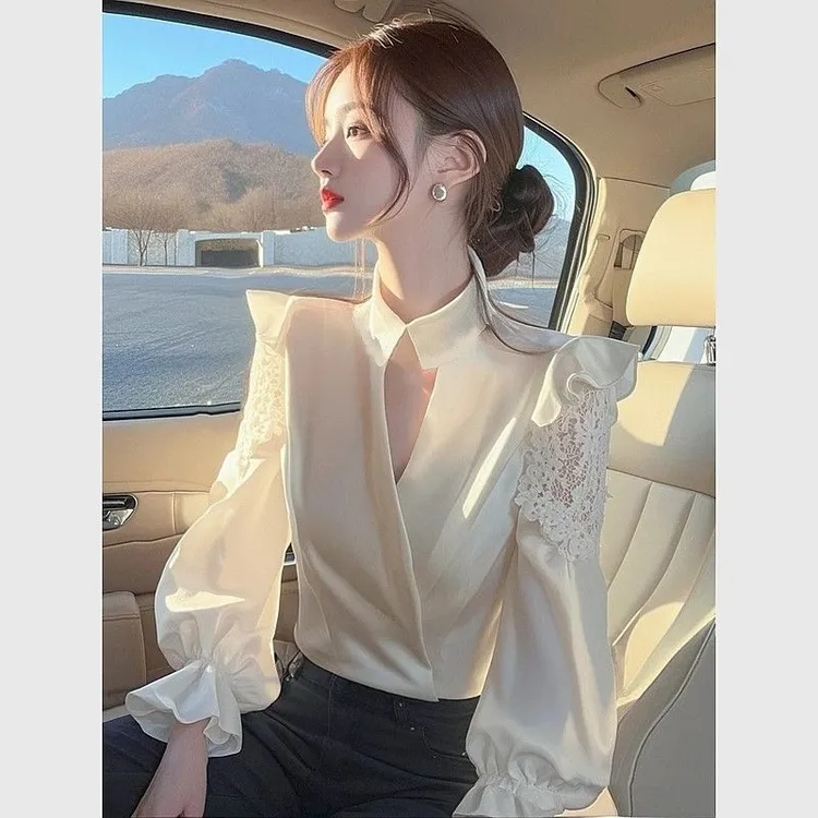 法式小众独特别致上衣女2025年春装新款高级感超好看白色缎面衬衫