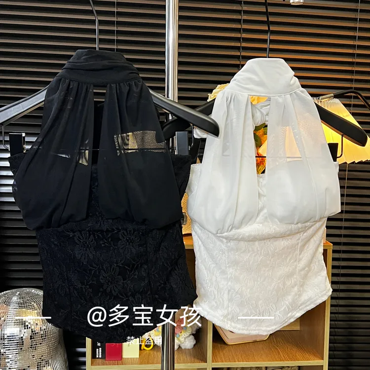 【多宝】秋季法式纯欲千金蕾丝拼接网纱重工系带抹胸上衣5262