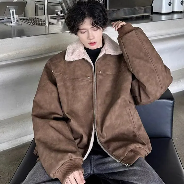 咖色羊羔毛外套男女冬季翻领工装棉衣美式复古机车座山雕皮衣棉服
