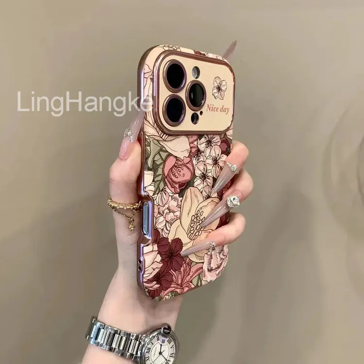 大视窗复古油画花瓣适用iphone16promax时尚 15手机壳13皮质14pro