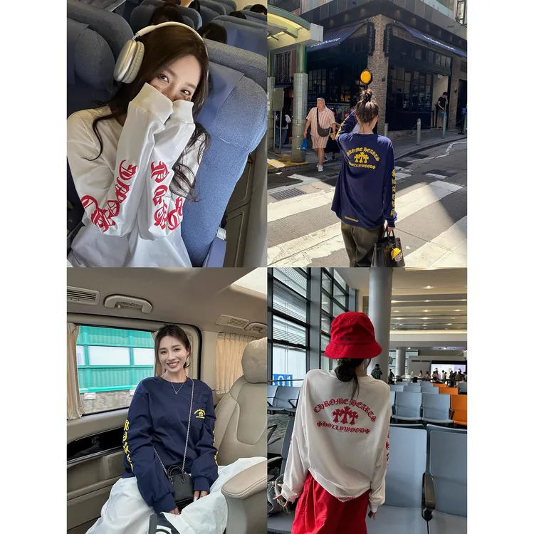 美式复古印花长袖白色t恤女早秋薄款小众不撞款宽松慵懒休闲上衣
