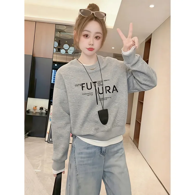 秋冬季新款小众设计百搭圆领高腰短款卫衣女加绒加厚套头上衣外套