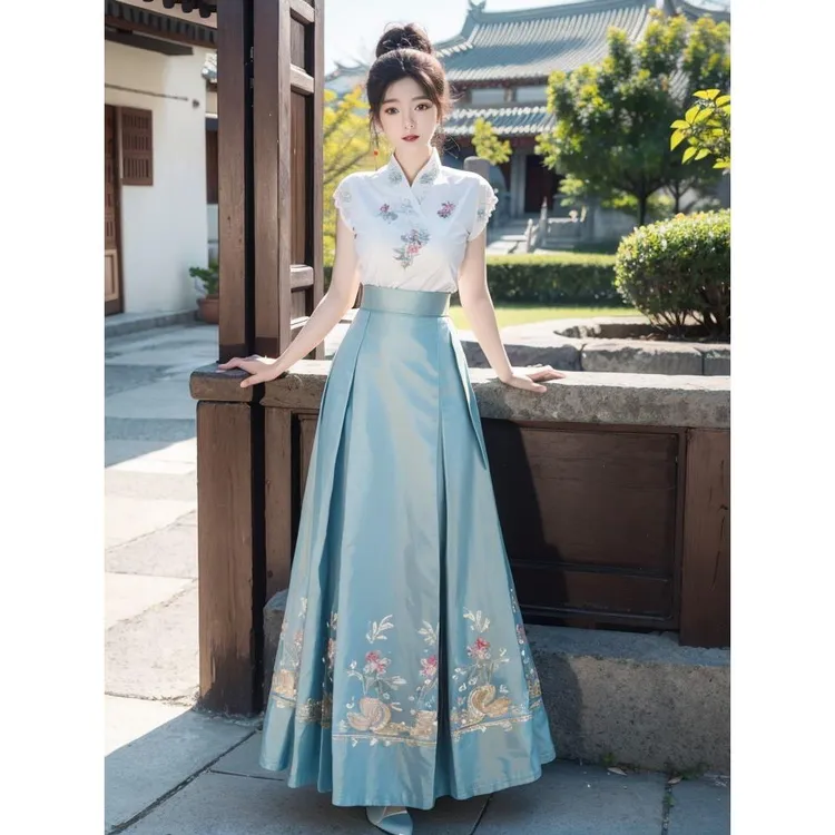 新中式清冷风绣花上衣国风马面裙套装2024新款明制改良汉服女古装