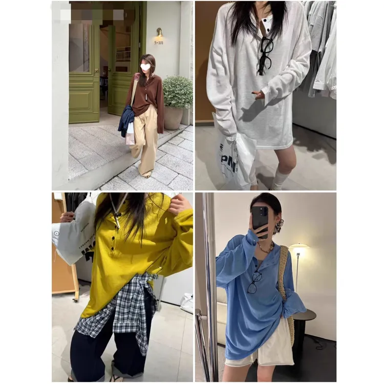 早秋新款韩国麻套头纽扣T恤防晒ins慵懒风纯色长袖打底衫女8916