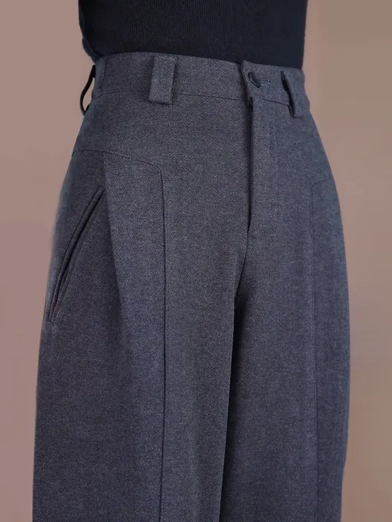 西装阔腿裤薄绒宽松显瘦休闲裤弯刀毛呢裤子胖妹妹大码呢子裤子