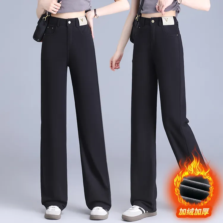 冬季加绒加厚直筒牛仔裤女款爆款2025新款潮宽松显瘦窄版阔腿裤子