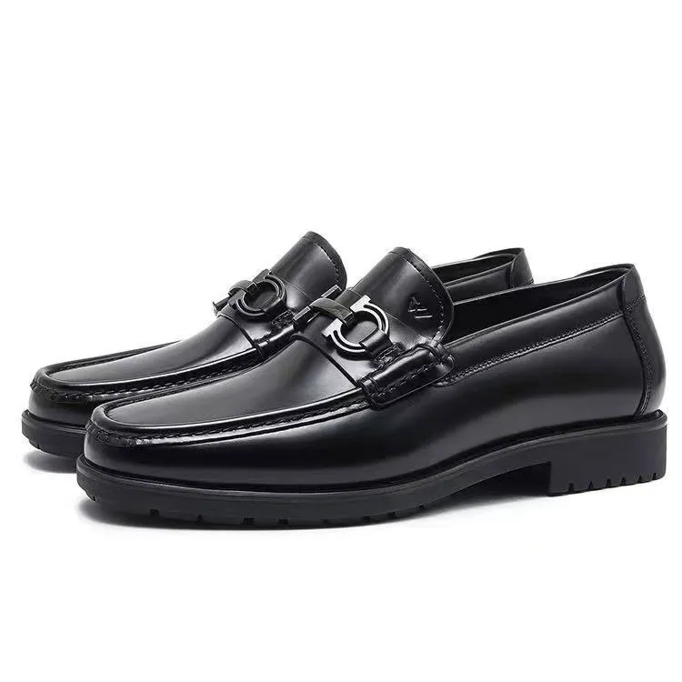 轻奢牛皮商务休闲乐福鞋男士方头一脚蹬软底开边珠亮面品质男鞋